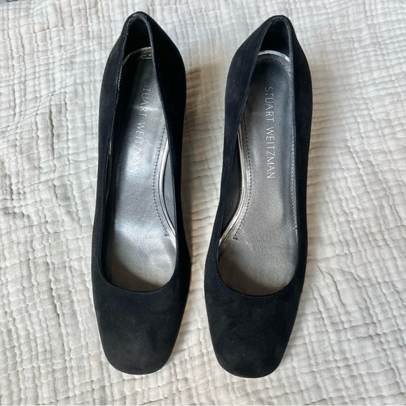 Stuart Weitzman | Black Mary Mid Suede Pump Block Heels Shoes Square Toe - Picture 2 of 8